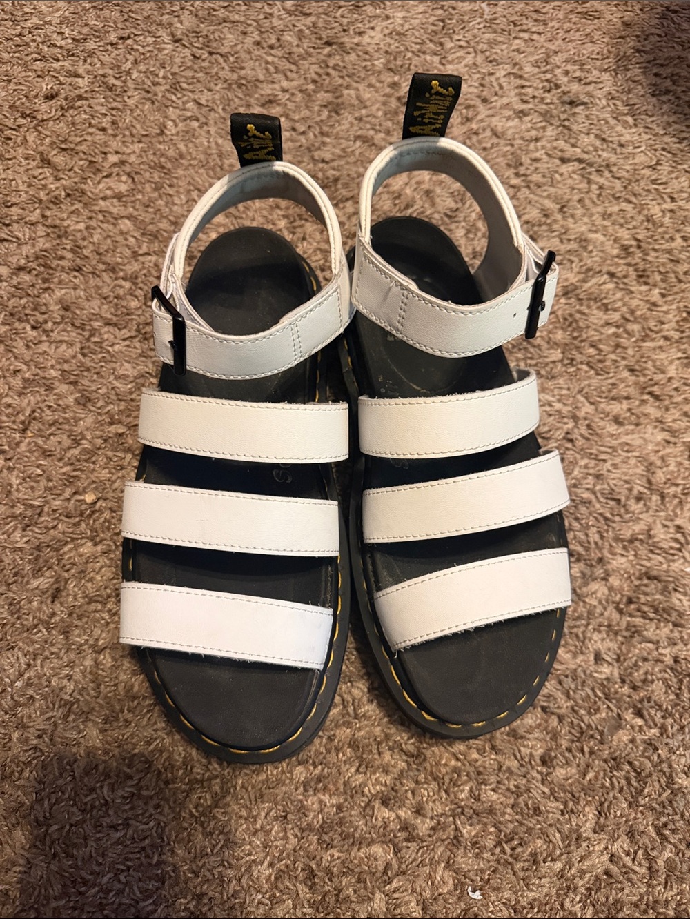 White ladies Dr Marten Strappy Sandals - Classic Black Sole